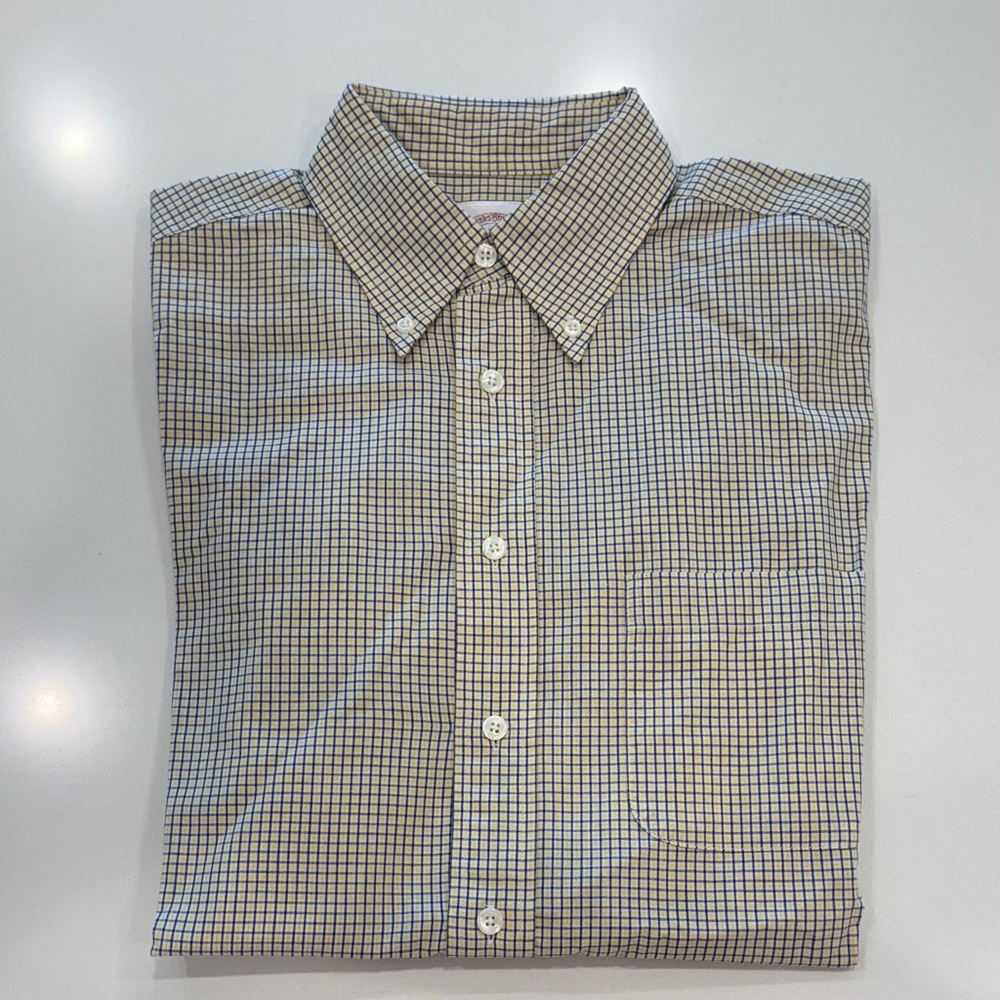 Brooks Brothers Pale Yellow and Navy Plaid Shirt